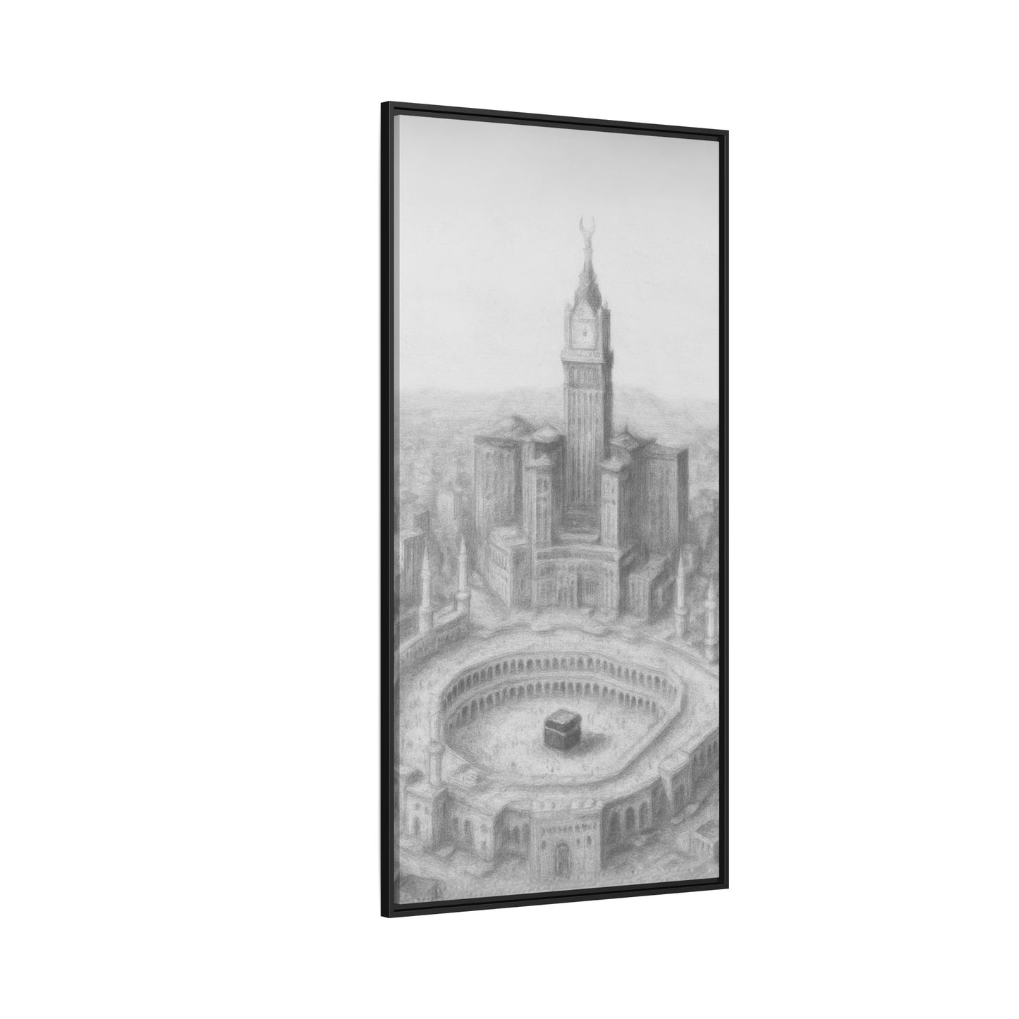 Black & White Kaaba & Clock Tower Drawing – Framed Canvas