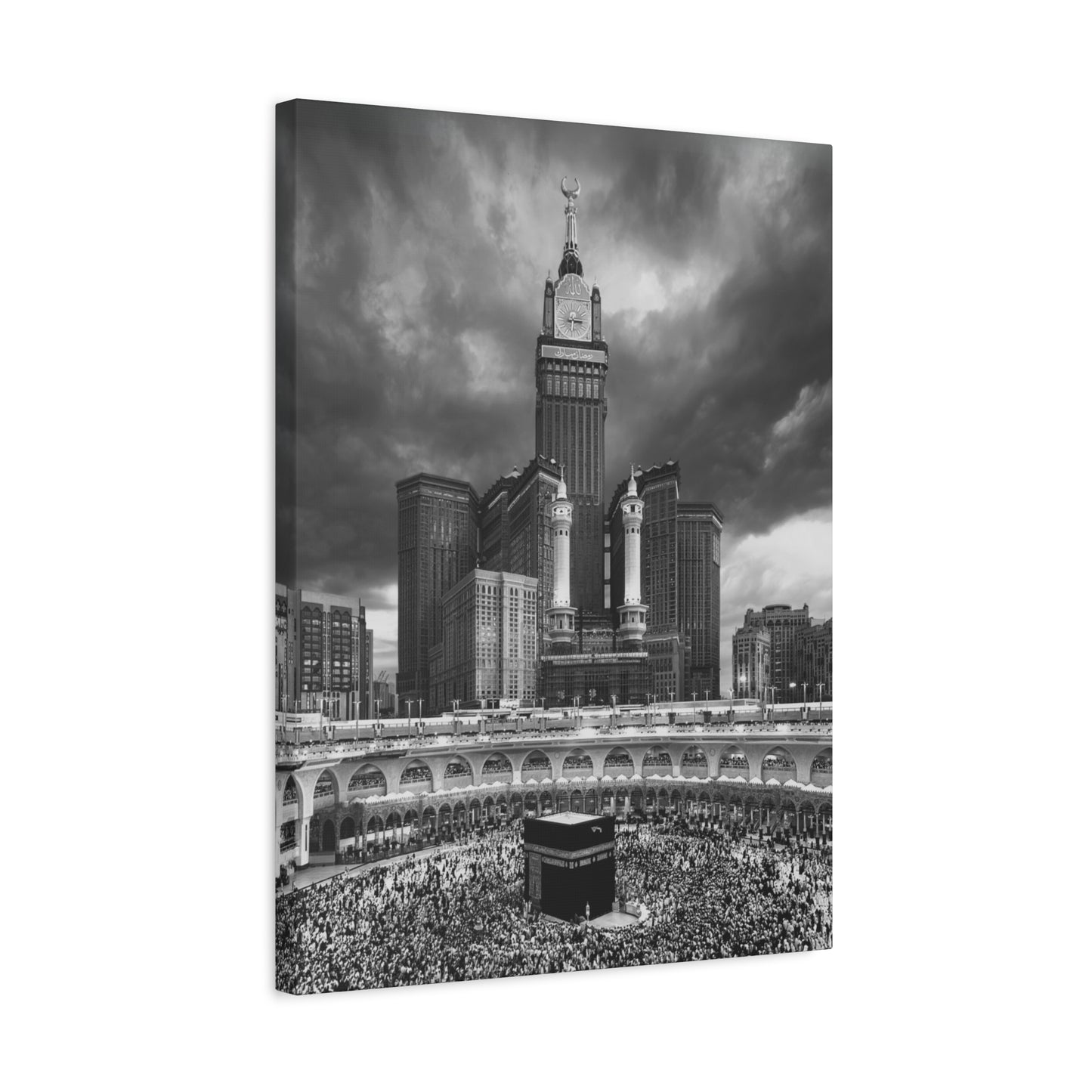 Black & White Kaaba Canvas – Mecca Islamic Wall Art (1.25" Depth)