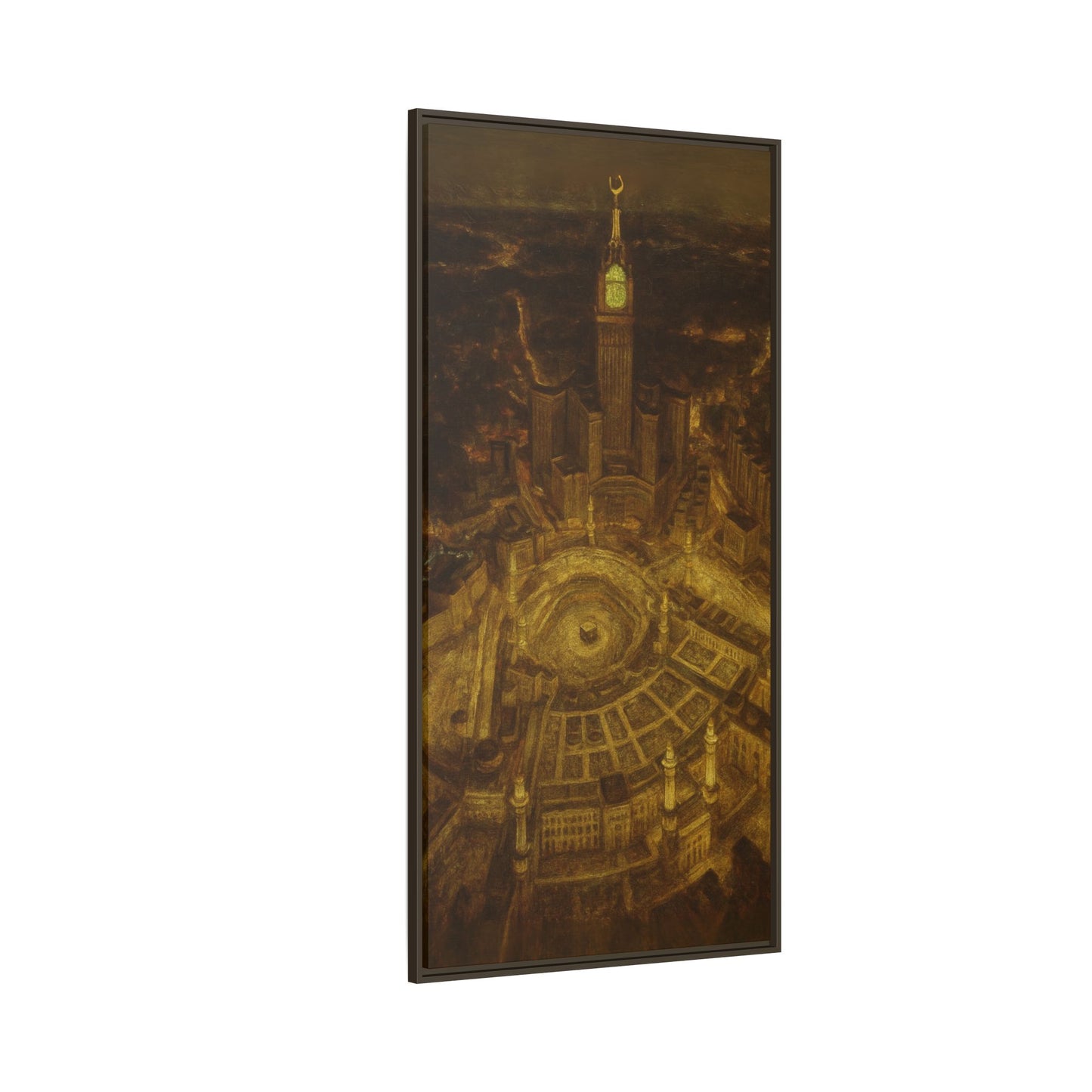Golden Night Kaaba & Clock Tower – Aerial View Framed Canvas