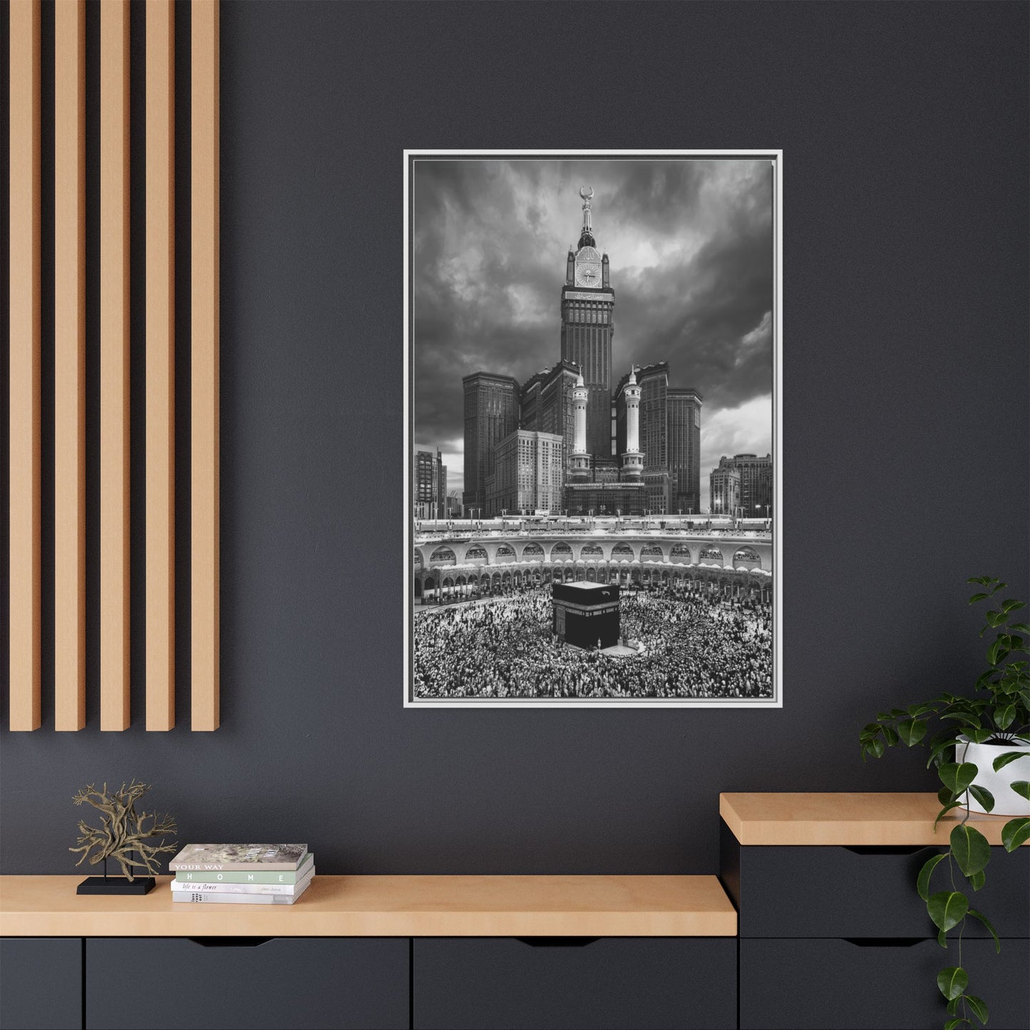 Black & White Makkah Clock Tower & Kaaba – Framed Canvas