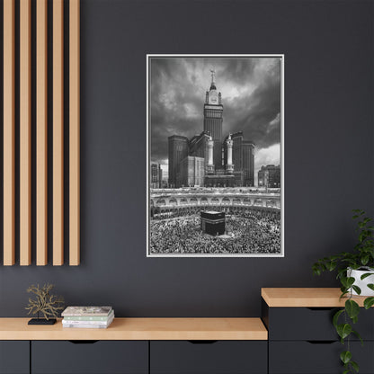 Black & White Makkah Clock Tower & Kaaba – Framed Canvas