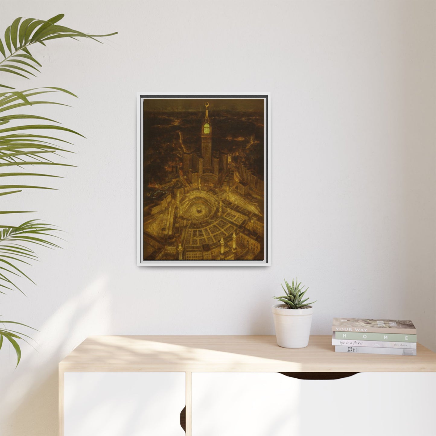 Golden Night Kaaba & Clock Tower – Aerial View Framed Canvas