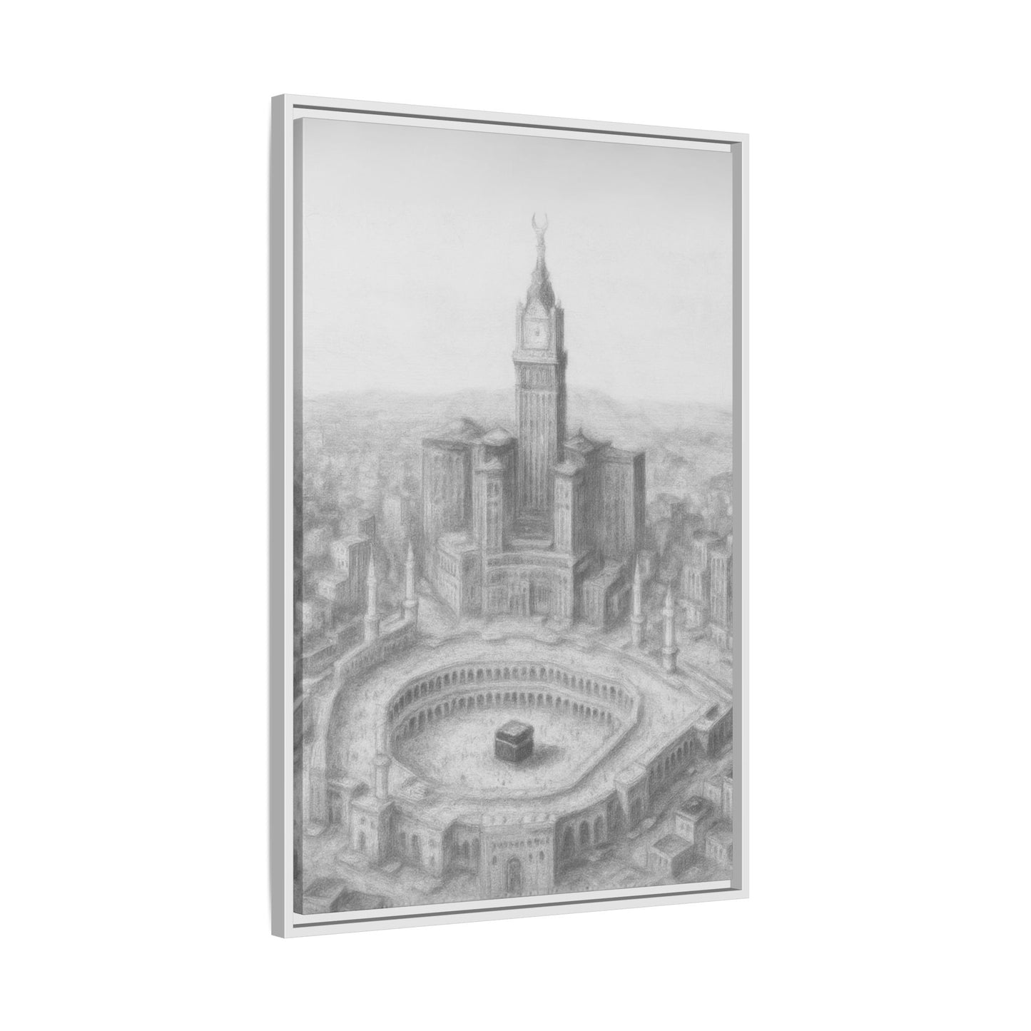 Black & White Kaaba & Clock Tower Drawing – Framed Canvas
