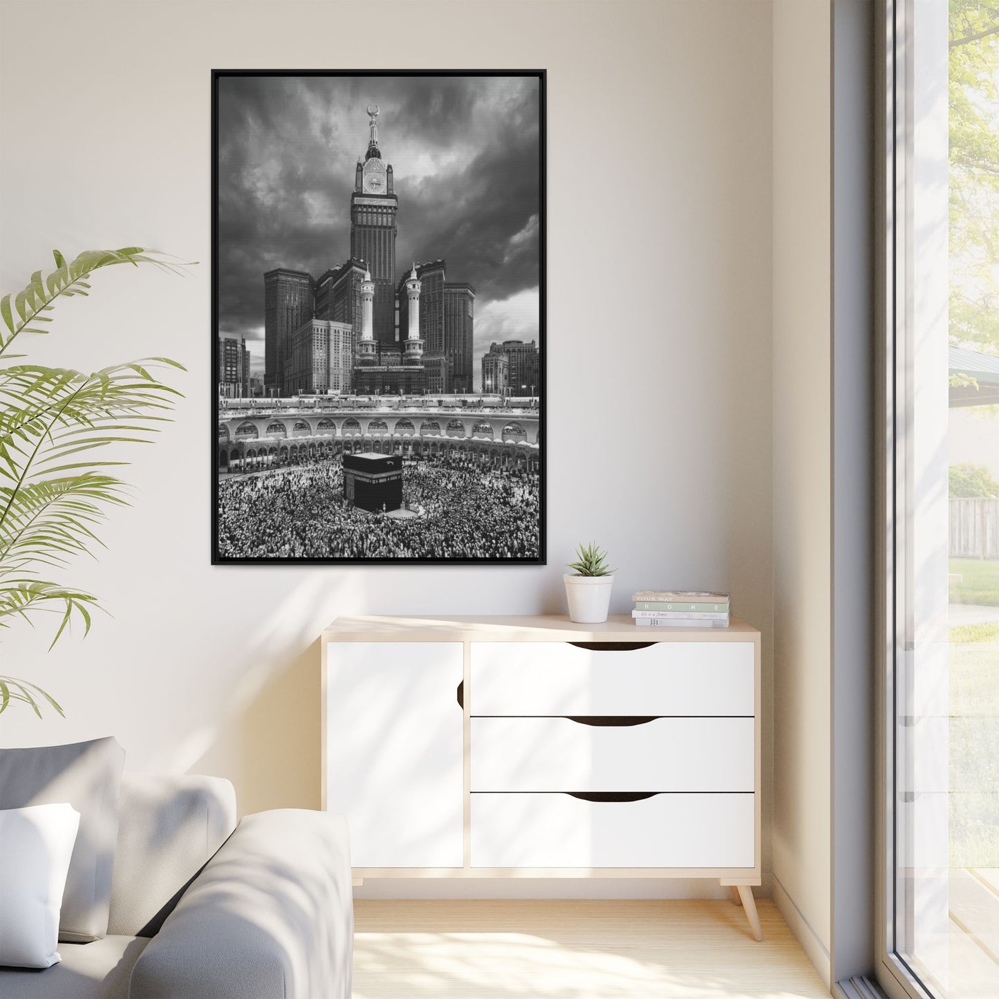 Black & White Makkah Clock Tower & Kaaba – Framed Canvas