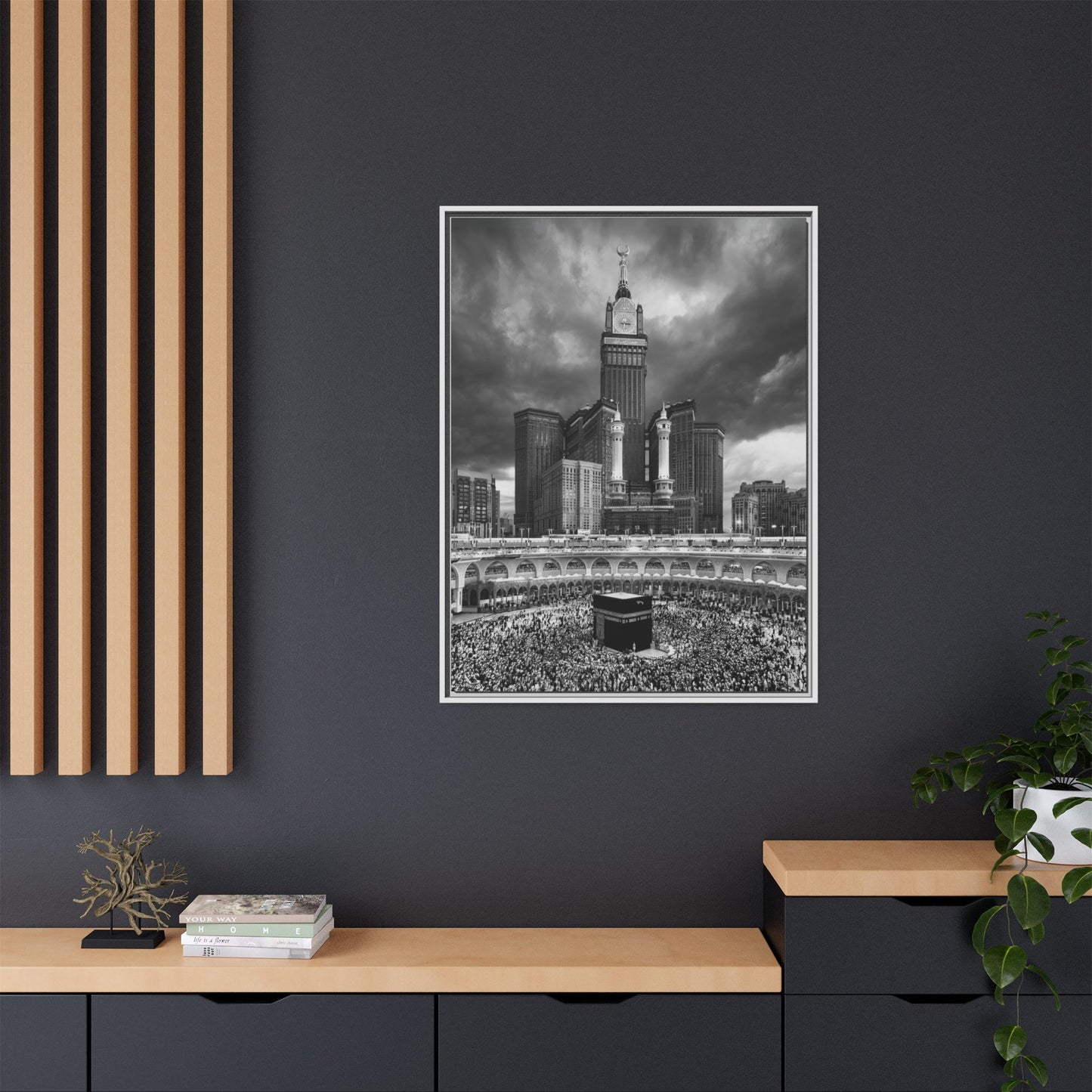 Black & White Makkah Clock Tower & Kaaba – Framed Canvas