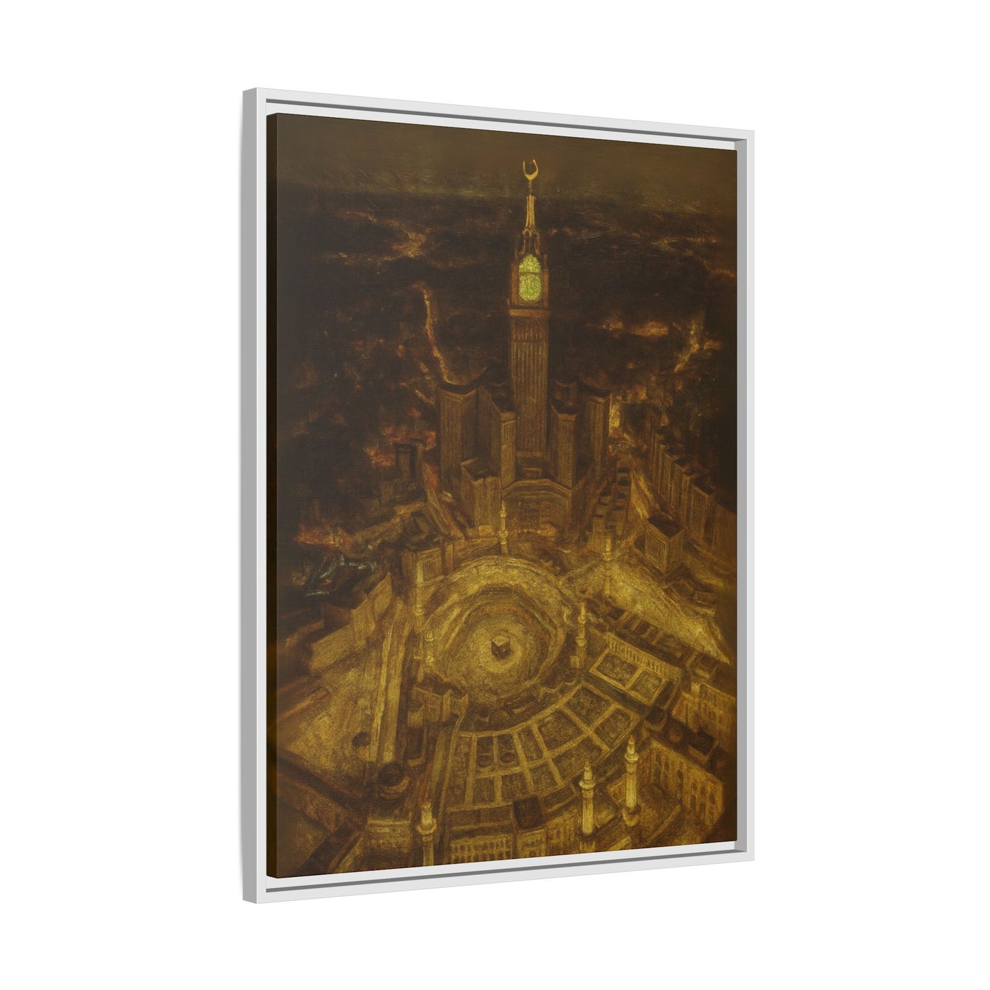 Golden Night Kaaba & Clock Tower – Aerial View Framed Canvas