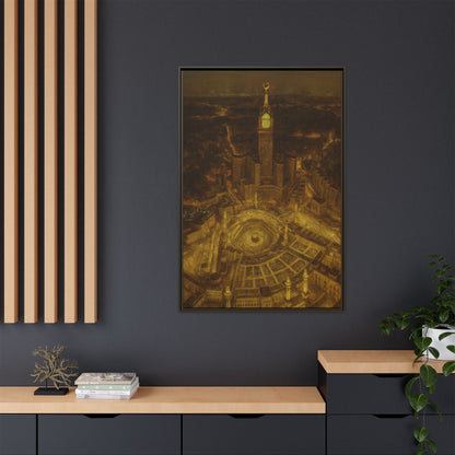Golden Night Kaaba & Clock Tower – Aerial View Framed Canvas