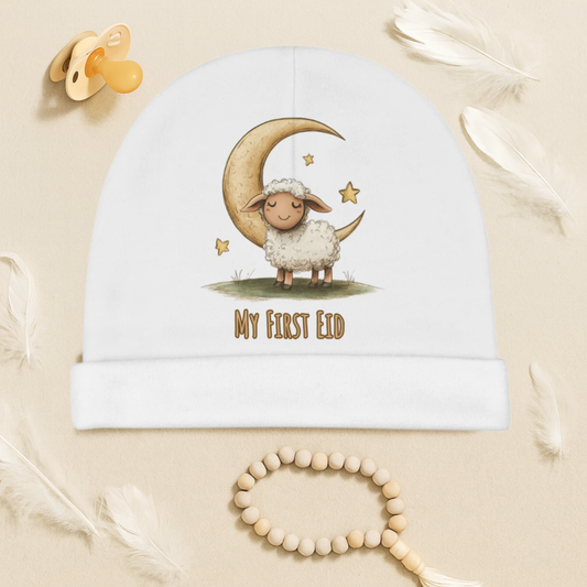 My First Eid Baby Beanie – Cute Sheep & Moon, Islamic Gift - White