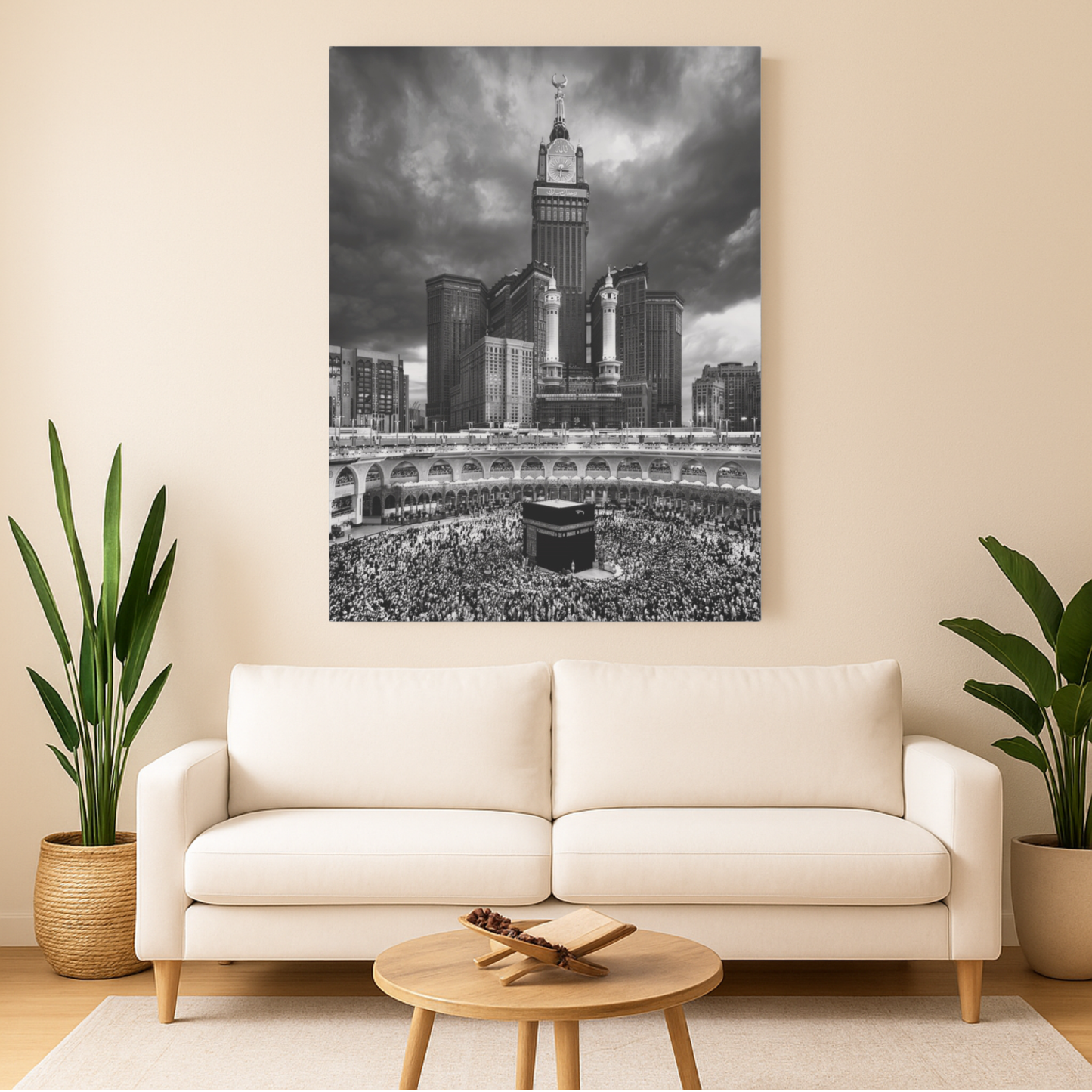 Black & White Kaaba Canvas – Mecca Islamic Wall Art (1.25" Depth)