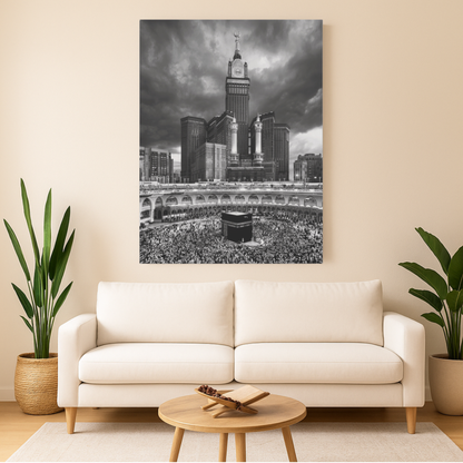 Black & White Kaaba Canvas – Mecca Islamic Wall Art (1.25" Depth)