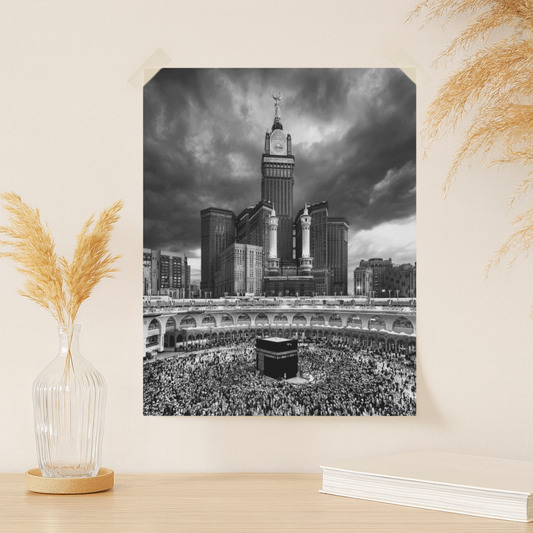 Kaaba & Clock Tower Mecca Black and White Poster - Islamic Wall Art Print