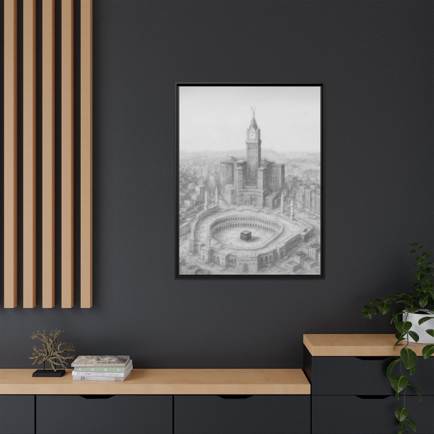 Black & White Kaaba & Clock Tower Drawing – Framed Canvas