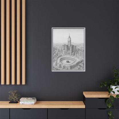 Black & White Kaaba & Clock Tower Drawing – Framed Canvas