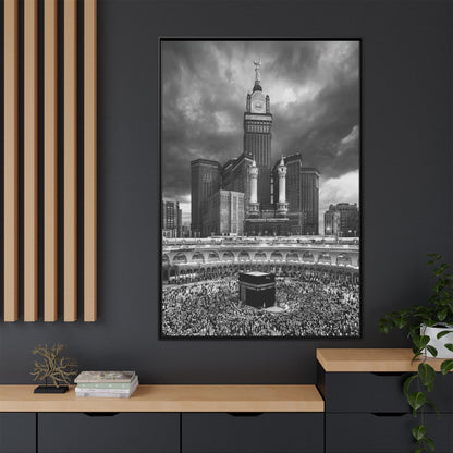 Black & White Makkah Clock Tower & Kaaba – Framed Canvas