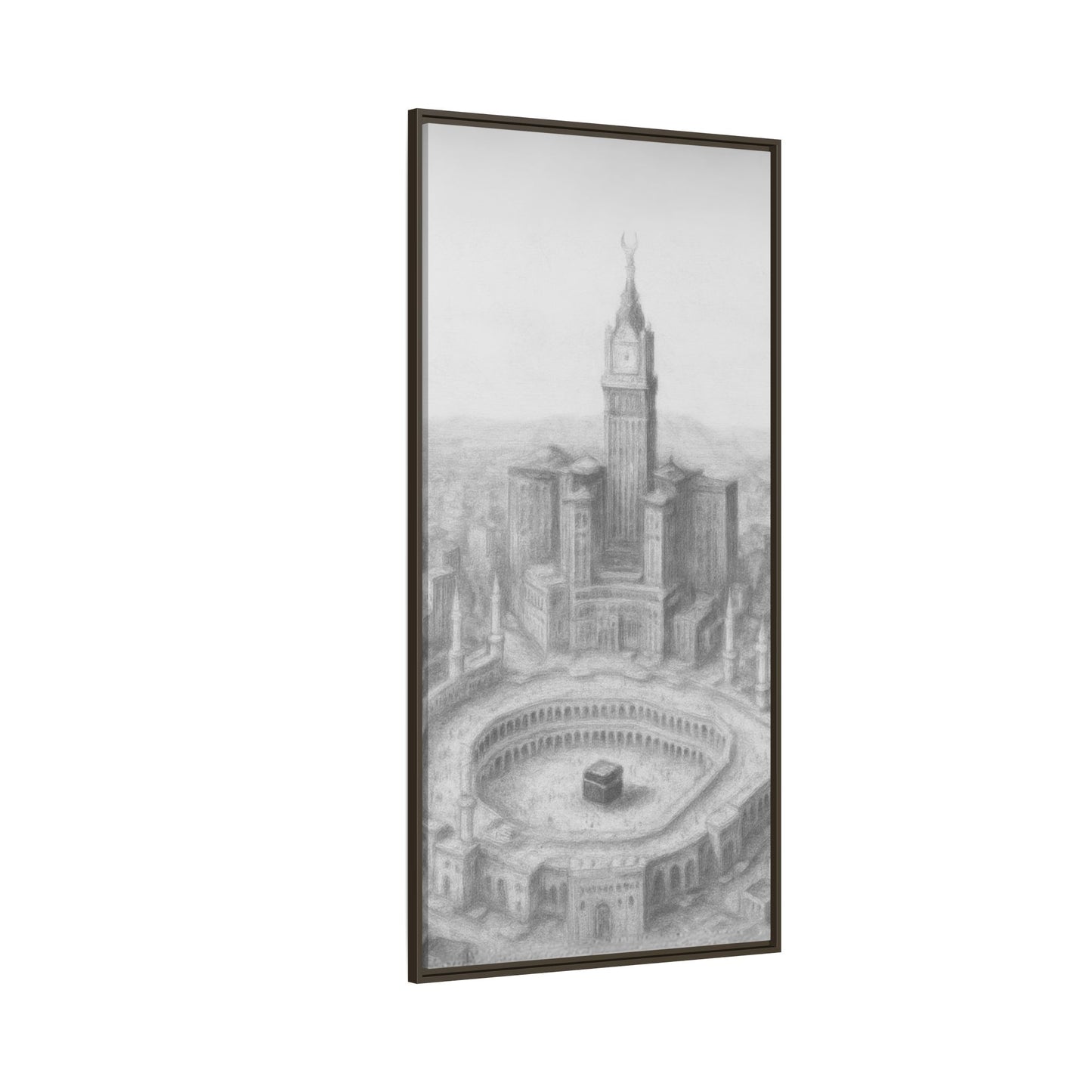 Black & White Kaaba & Clock Tower Drawing – Framed Canvas