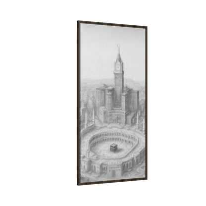 Black & White Kaaba & Clock Tower Drawing – Framed Canvas