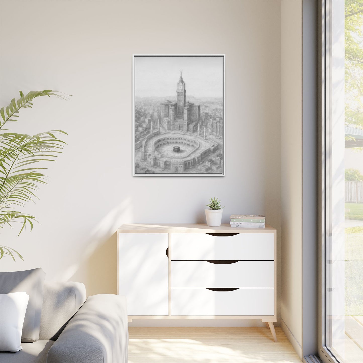 Black & White Kaaba & Clock Tower Drawing – Framed Canvas
