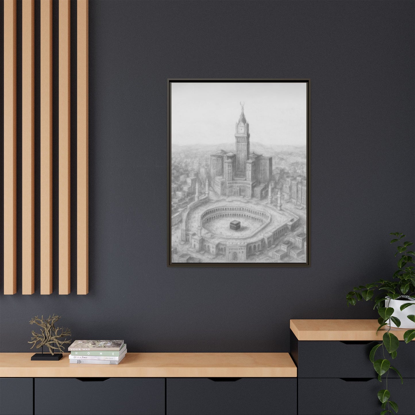 Black & White Kaaba & Clock Tower Drawing – Framed Canvas