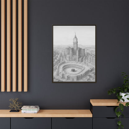 Black & White Kaaba & Clock Tower Drawing – Framed Canvas