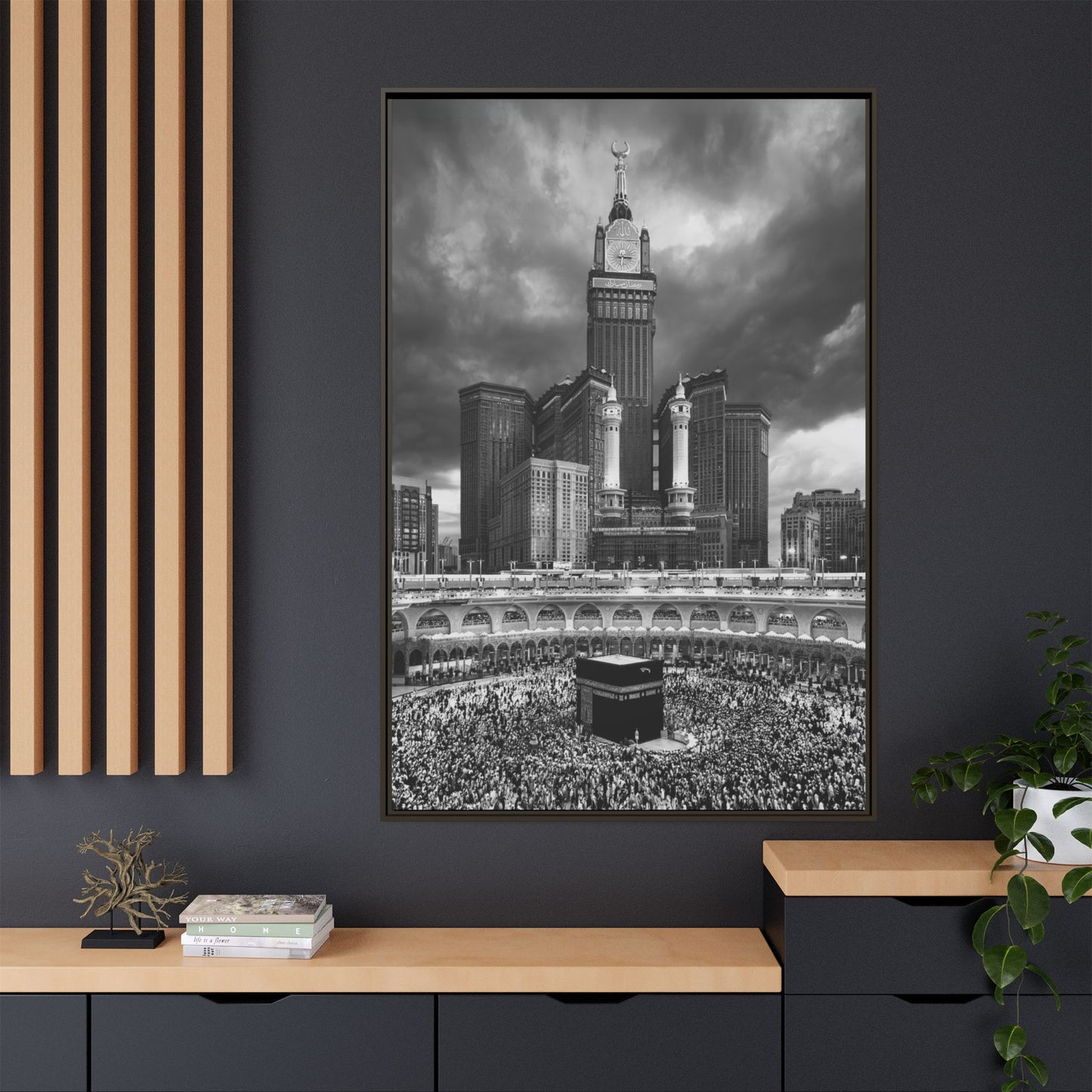Black & White Makkah Clock Tower & Kaaba – Framed Canvas