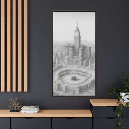 Black & White Kaaba & Clock Tower Drawing – Framed Canvas