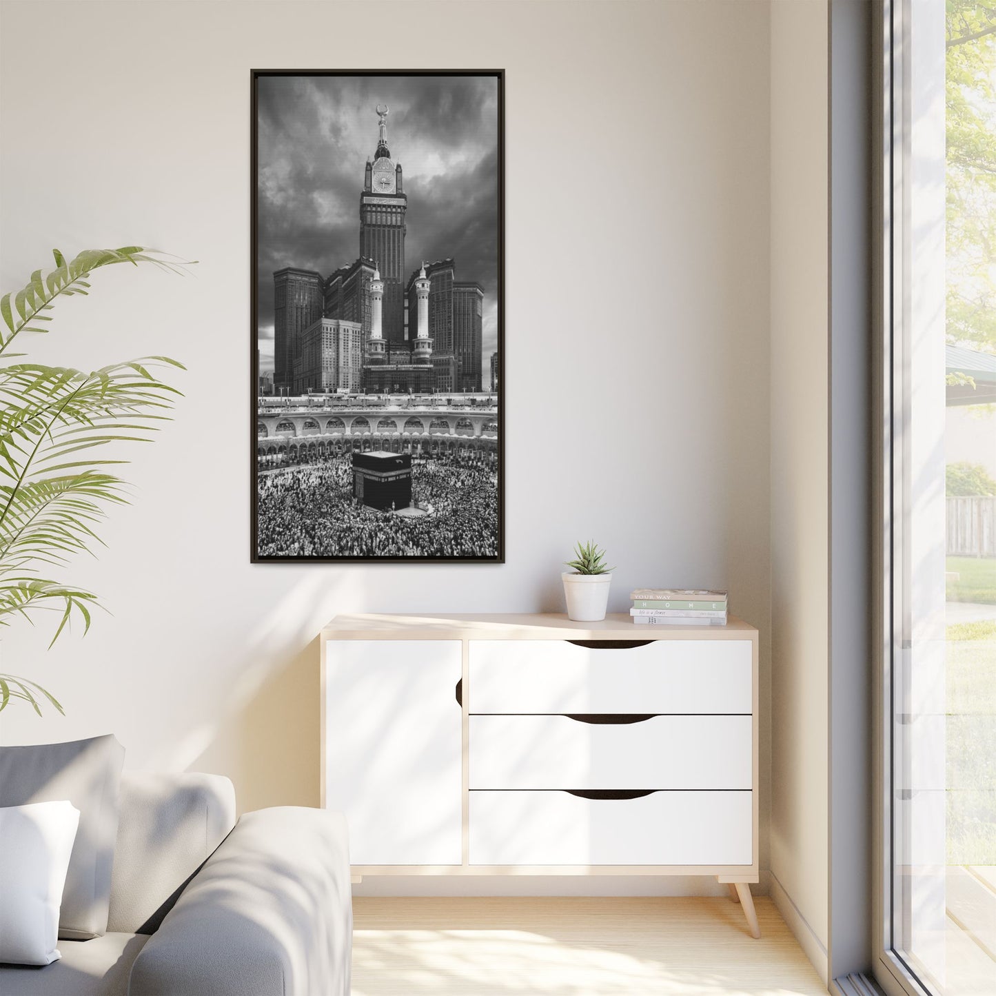 Black & White Makkah Clock Tower & Kaaba – Framed Canvas