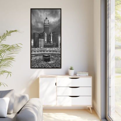 Black & White Makkah Clock Tower & Kaaba – Framed Canvas