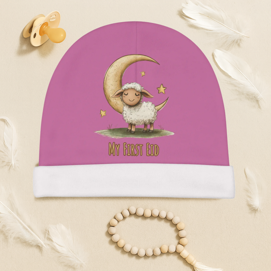 My First Eid Baby Beanie – Cute Sheep & Moon, Islamic Gift - Light Pink