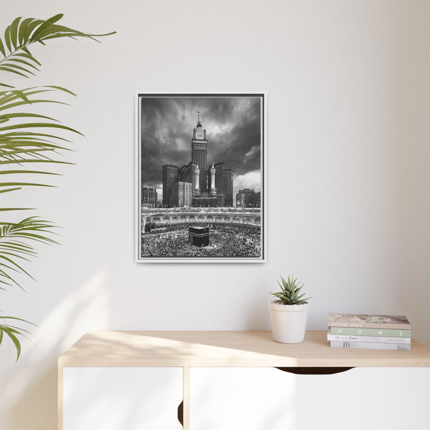 Black & White Makkah Clock Tower & Kaaba – Framed Canvas
