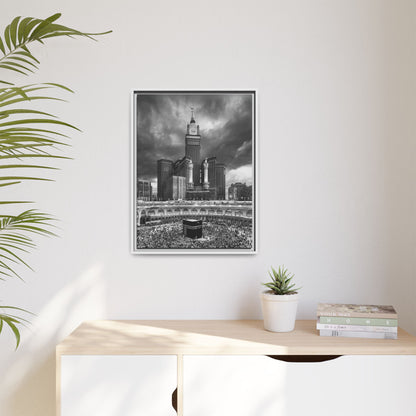 Black & White Makkah Clock Tower & Kaaba – Framed Canvas