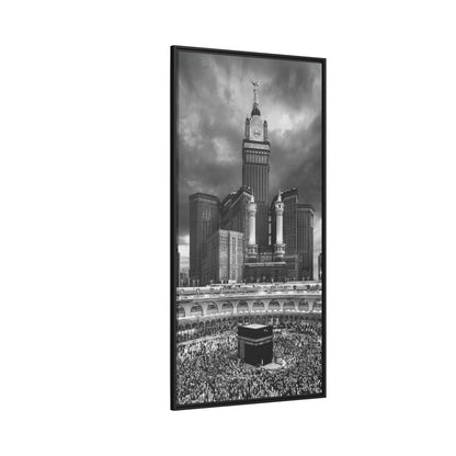 Black & White Makkah Clock Tower & Kaaba – Framed Canvas