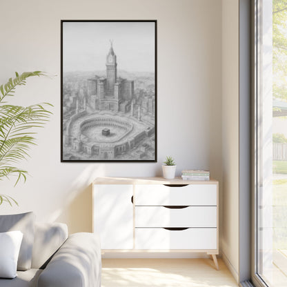 Black & White Kaaba & Clock Tower Drawing – Framed Canvas