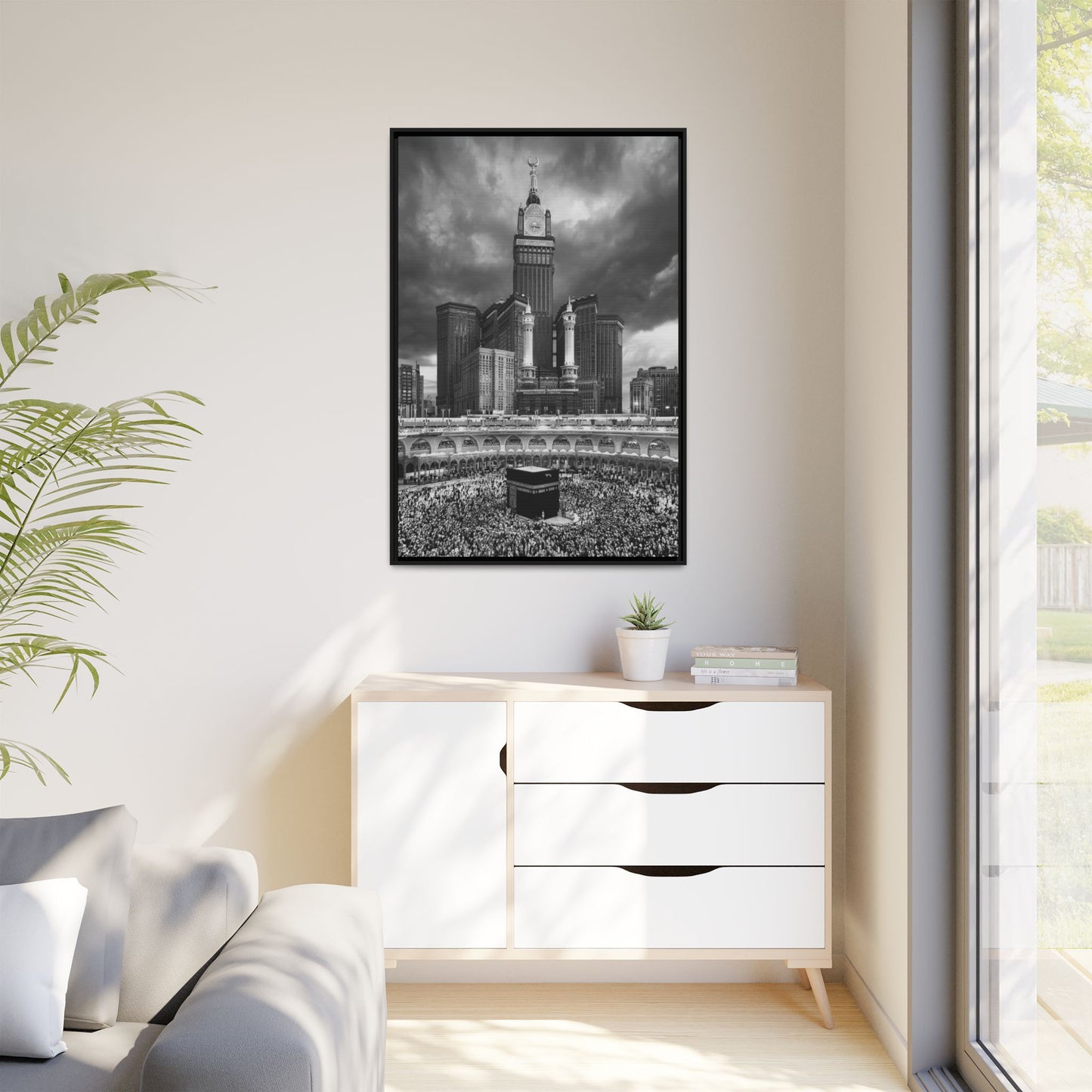 Black & White Makkah Clock Tower & Kaaba – Framed Canvas
