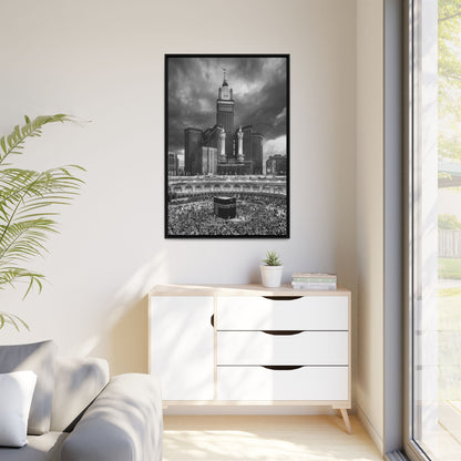 Black & White Makkah Clock Tower & Kaaba – Framed Canvas