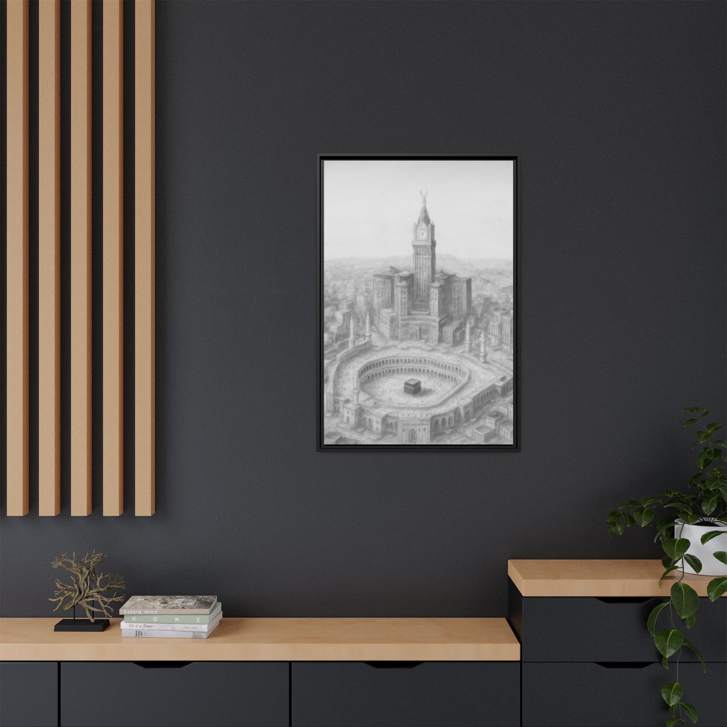Black & White Kaaba & Clock Tower Drawing – Framed Canvas