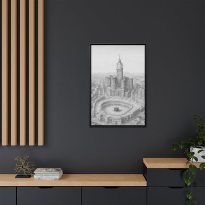 Black & White Kaaba & Clock Tower Drawing – Framed Canvas