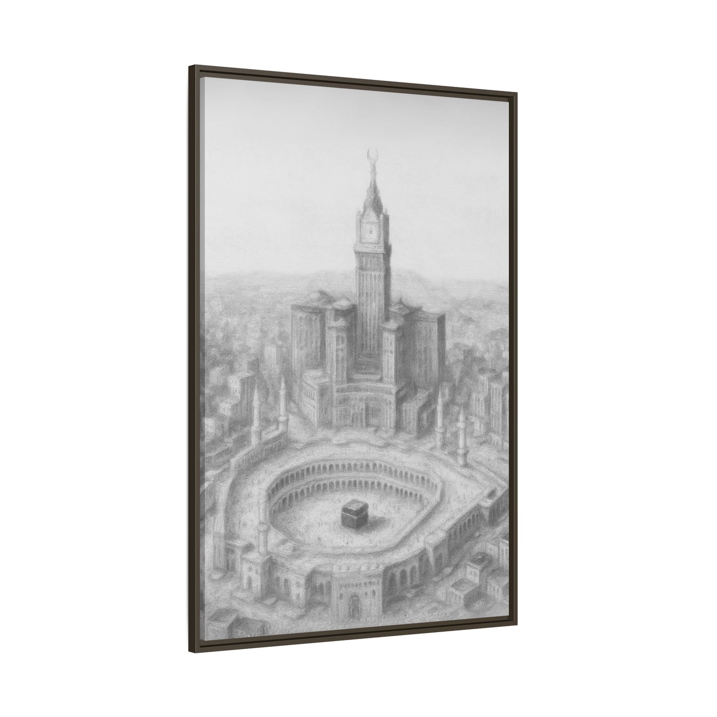 Black & White Kaaba & Clock Tower Drawing – Framed Canvas