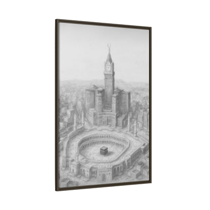 Black & White Kaaba & Clock Tower Drawing – Framed Canvas