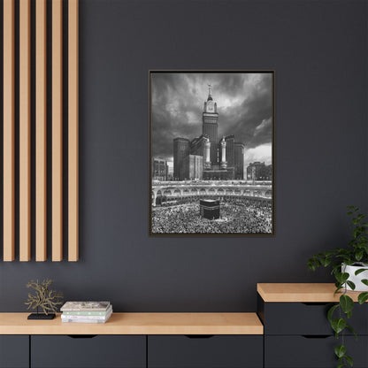 Black & White Makkah Clock Tower & Kaaba – Framed Canvas
