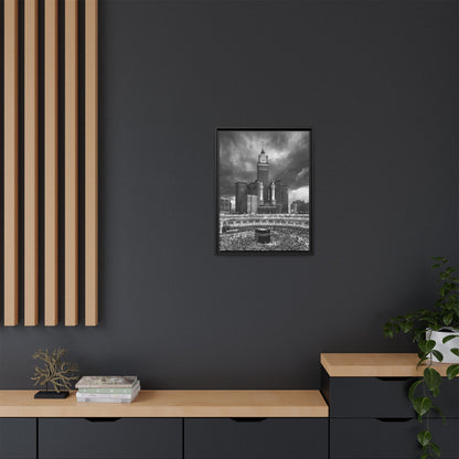 Black & White Makkah Clock Tower & Kaaba – Framed Canvas