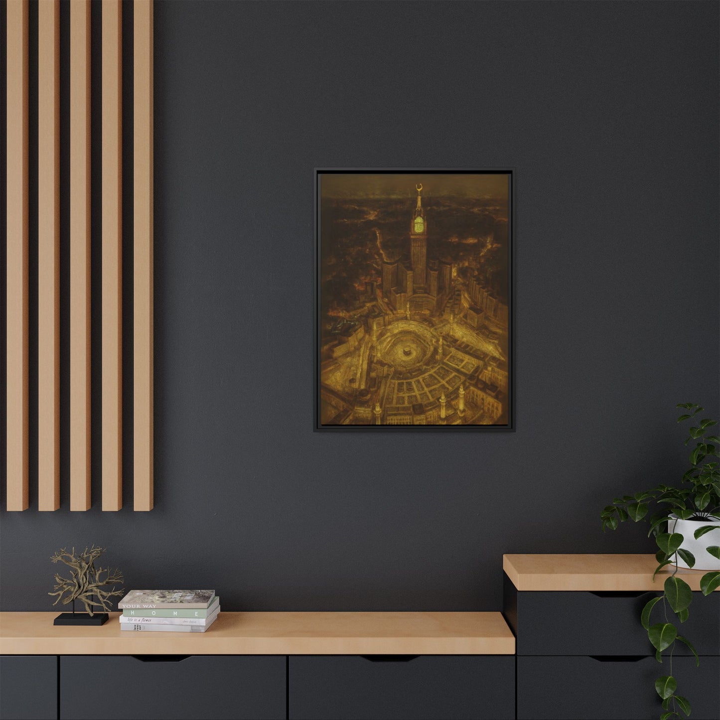 Golden Night Kaaba & Clock Tower – Aerial View Framed Canvas