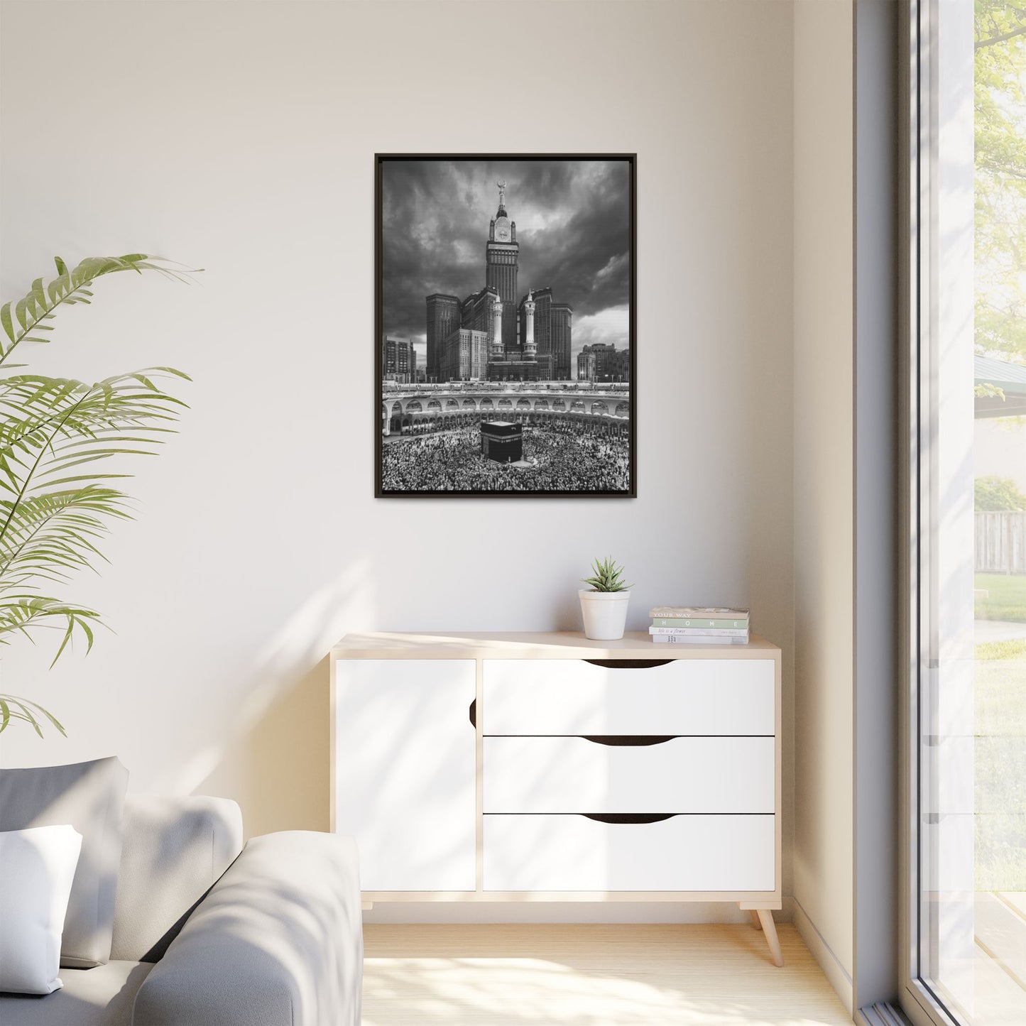 Black & White Makkah Clock Tower & Kaaba – Framed Canvas