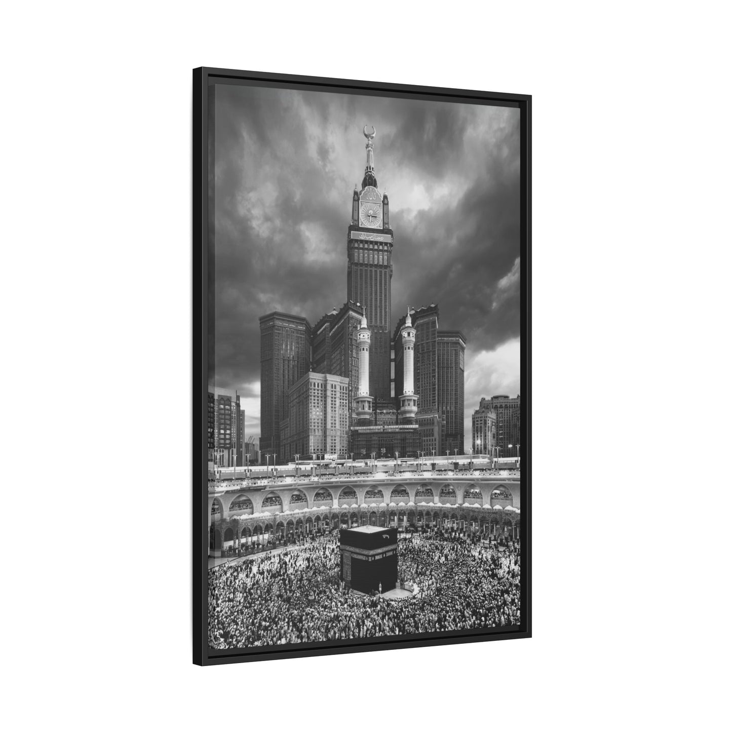 Black & White Makkah Clock Tower & Kaaba – Framed Canvas