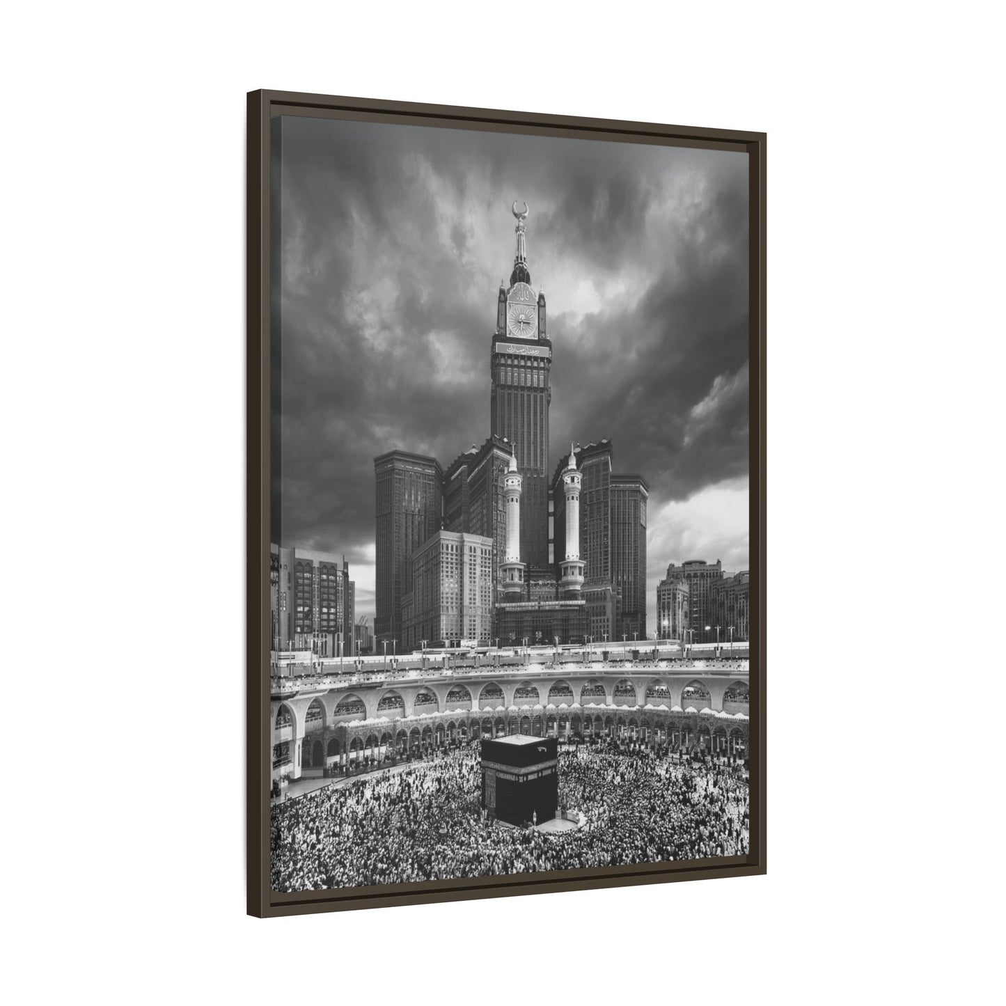Black & White Makkah Clock Tower & Kaaba – Framed Canvas