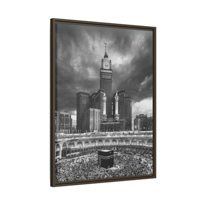 Black & White Makkah Clock Tower & Kaaba – Framed Canvas