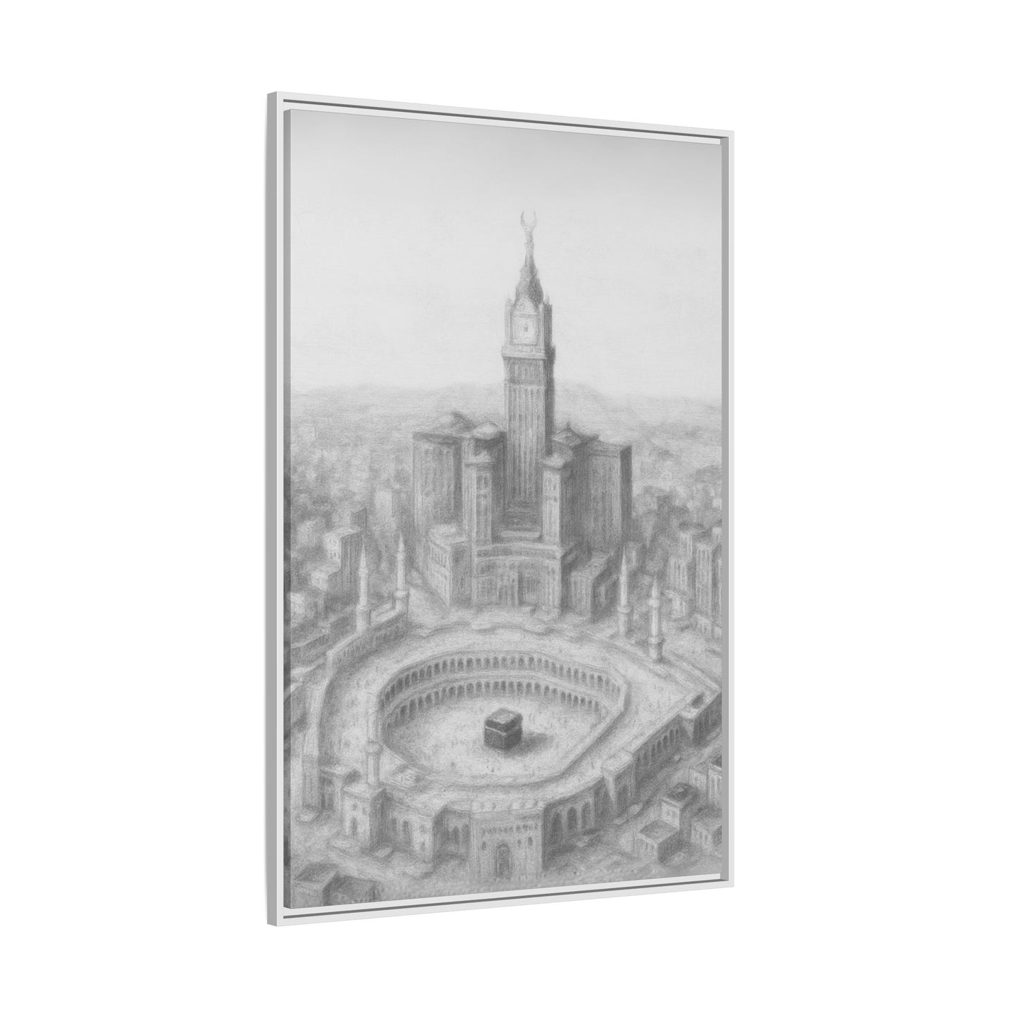 Black & White Kaaba & Clock Tower Drawing – Framed Canvas