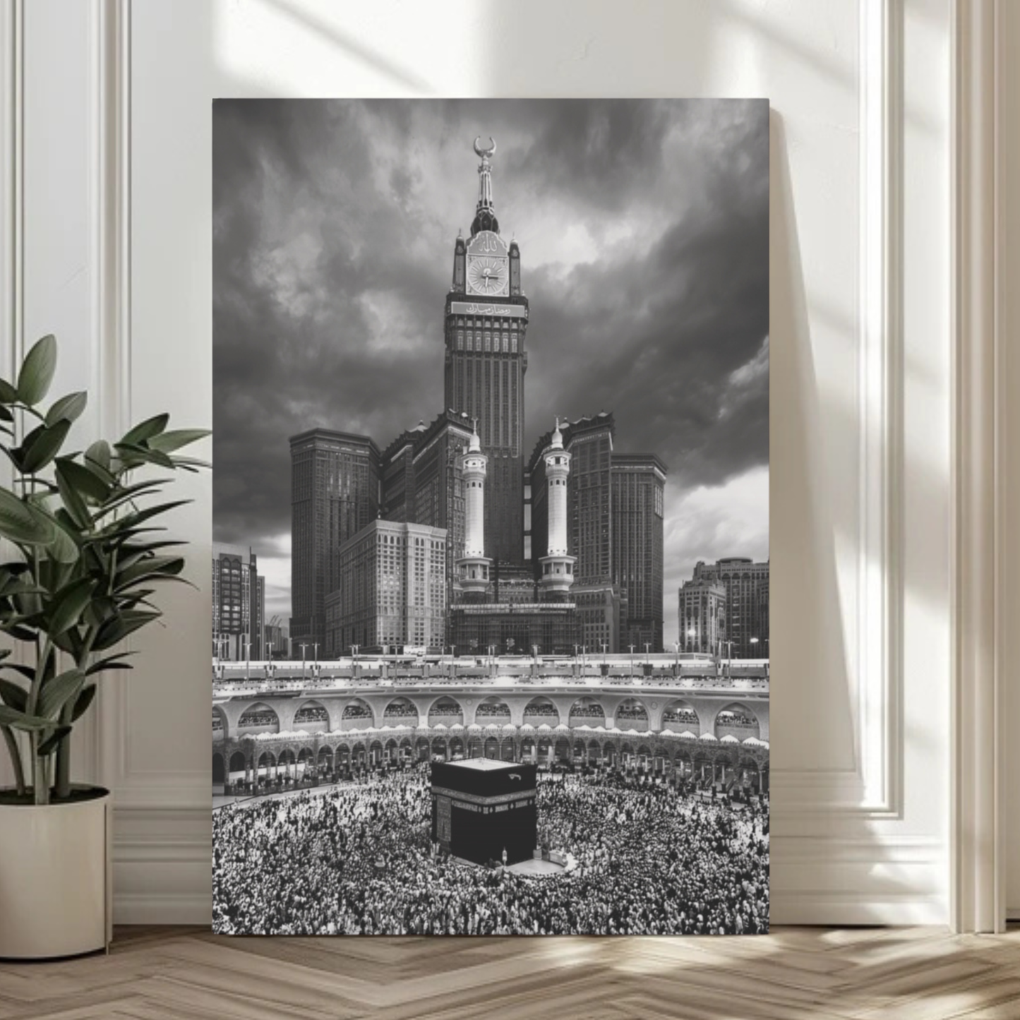 Black & White Kaaba Canvas – Mecca Islamic Wall Art (1.25" Depth)