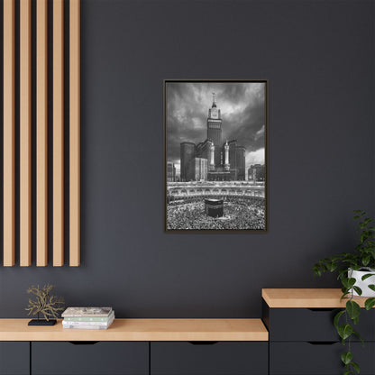 Black & White Makkah Clock Tower & Kaaba – Framed Canvas