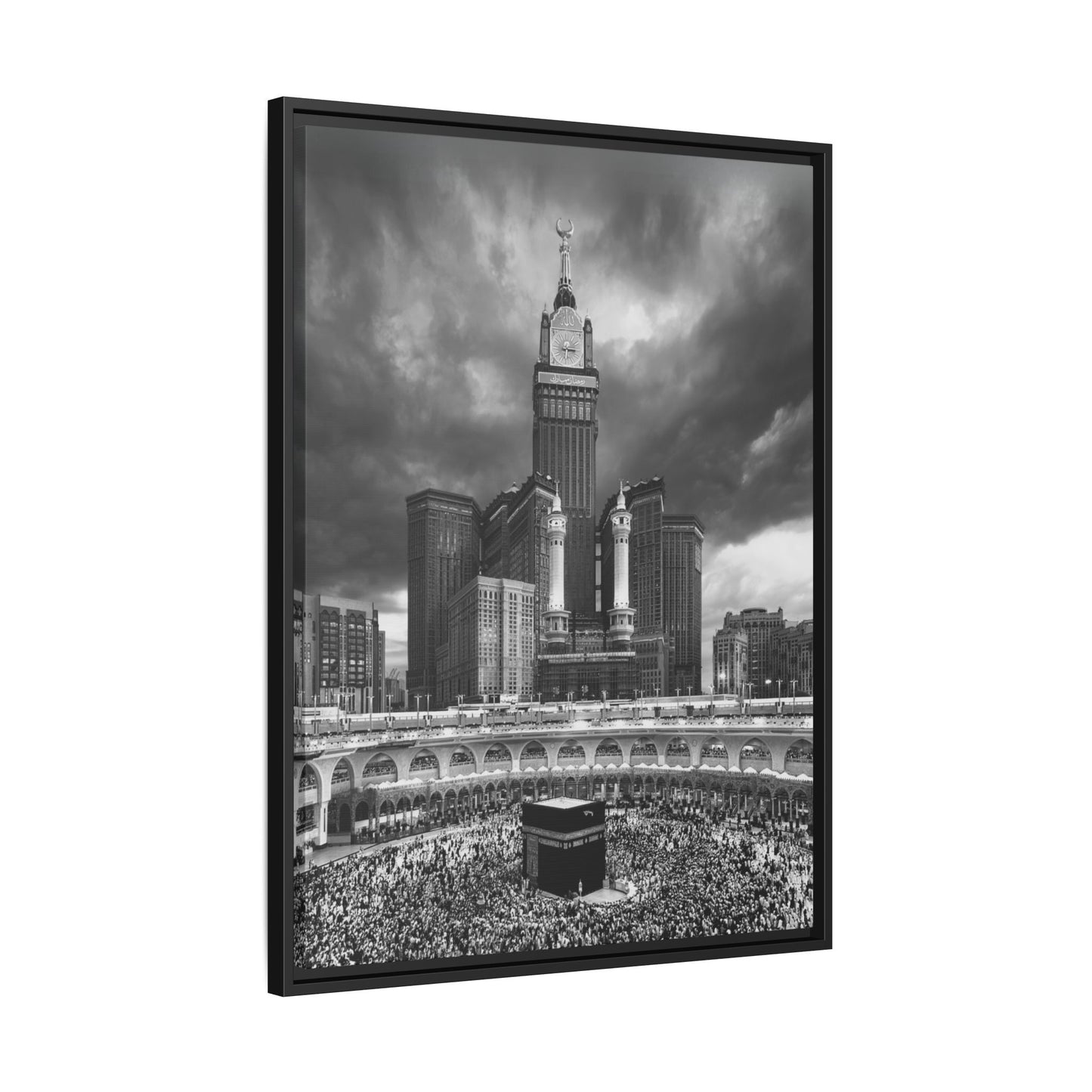 Black & White Makkah Clock Tower & Kaaba – Framed Canvas