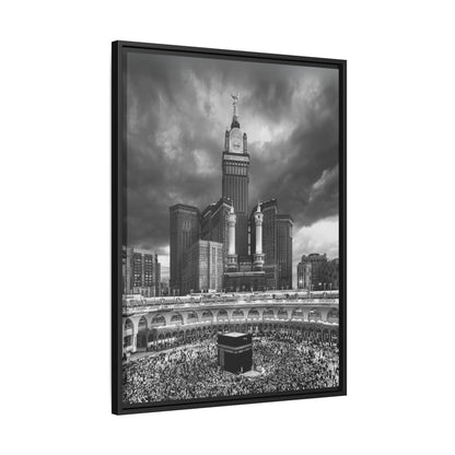 Black & White Makkah Clock Tower & Kaaba – Framed Canvas